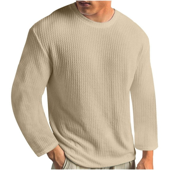 Kilaqueen Long Sleeve Shirts for Men Crew Neck Solid Color Waffle Knit Textured Pullove Tops Casual Loose Fit Comfy Basic Tops