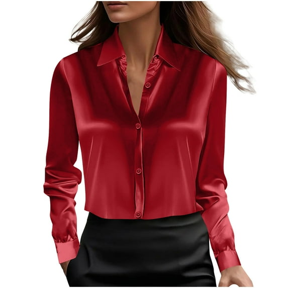 Kilaqueen Long Sleeve Shirts for Women Button Down Satin Silk Long Sleeve Lapel Collared Shirts Casual Solid Color Office Work Tunic Tops