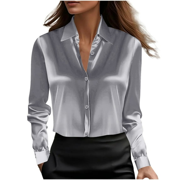 Kilaqueen Long Sleeve Shirts for Women Button Down Satin Silk Long Sleeve Lapel Collared Shirts Casual Solid Color Office Work Tunic Tops