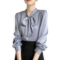 thumbnail image 1 of Kilaqueen Long Sleeve Shirts for Women Satin Bow Tie Front Long Sleeve Button Down Shirts Solid Color Elegant Dressy Business Tops, 1 of 3