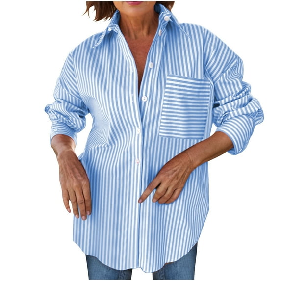 Kilaqueen Long Sleeve Shirts for Women Striped Long Sleeve Lapel Collared Button Down Shirts with Chest Pocket Casual Oversized Comfy Fall Blouse