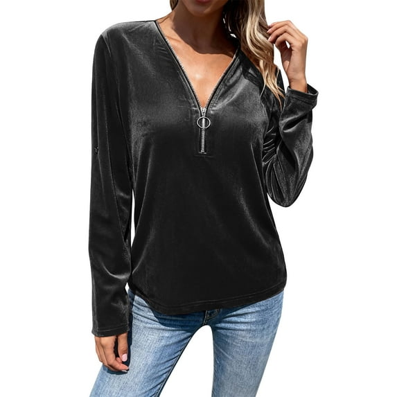 Kilaqueen Long Sleeve Tops for Women Half Zip V Neck Long Sleeve Elegant Pullovers Solid Color 2026 Fashion Going Out Top