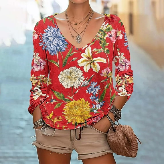 Kilaqueen Long Sleeve V Neck Boho Tops for Women Fall Dressy Casual Floral Print Blouses Tunic Tops Vintage Ethnic Graphic Lightweight Tees