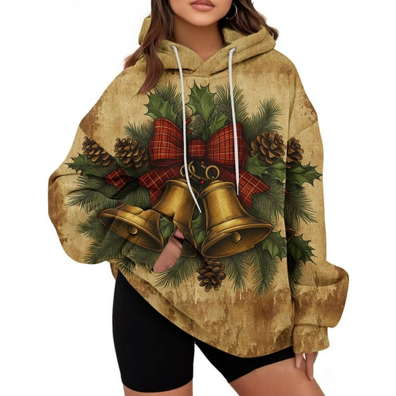 Kilaqueen Loose Fit Sweatshirt for Women Casual Trendy Xmas Graphic Comfy Hoodie with Pocket Pullover Hoodies Drawstring Fall Winter Pullover Tops