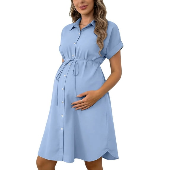 Kilaqueen Maternity Dress Button Down Lapel Short Sleeve Tie Front Pregnancy Dresses Solid Color Casual Comfy Dresses