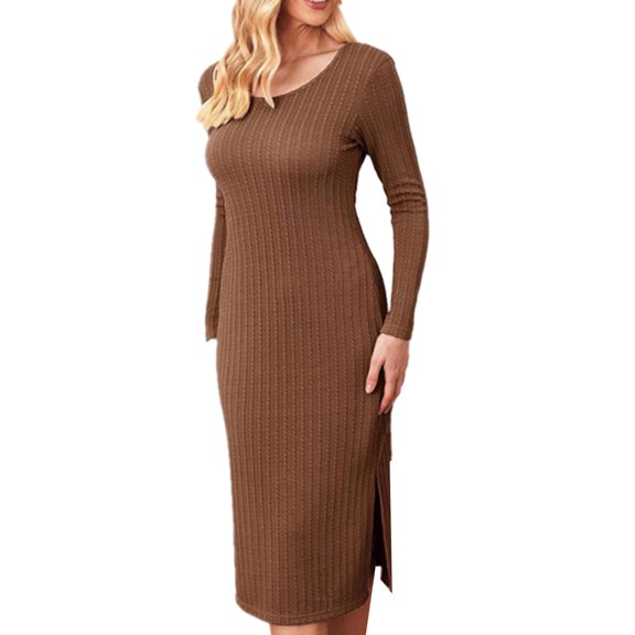 Kilaqueen Maternity Dress for Photoshoot Ribbed Knit Long-Sleeve Crew Neck Pregnancy Dresses with Side slit Solid Color Breathable Comfy Loose-Fit maternity dress for baby shower