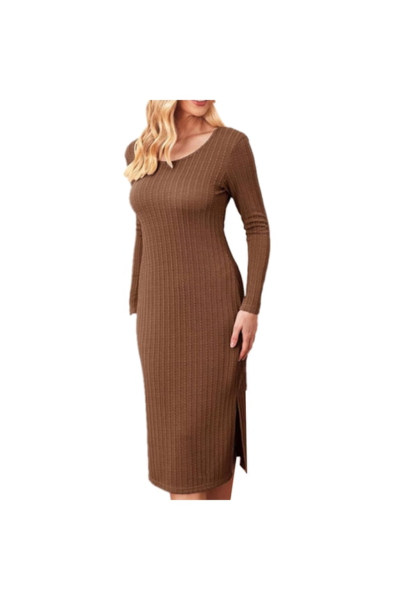 Maternity Dress for Photoshoot Ribbed Knit Long-Sleeve Crew Neck Pregnancy Dresses with Side slit Solid Color Breathable Comfy Loose-Fit maternity dress for baby shower