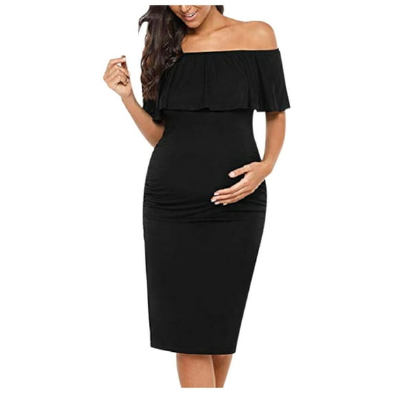 Kilaqueen Maternity Dress Ruffle Off Shoulder Sleeveless Bodycon Dress Solid Color Casual Trendy Comfy Knee Length Dress