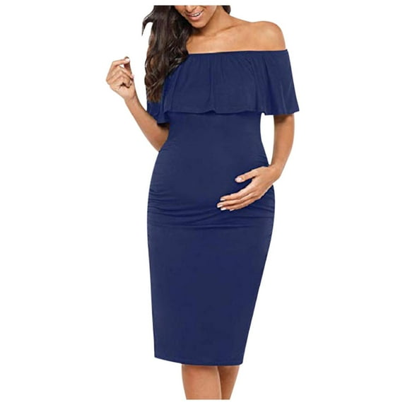 Kilaqueen Maternity Dress Ruffle Off Shoulder Sleeveless Bodycon Dress Solid Color Casual Trendy Comfy Knee Length Dress