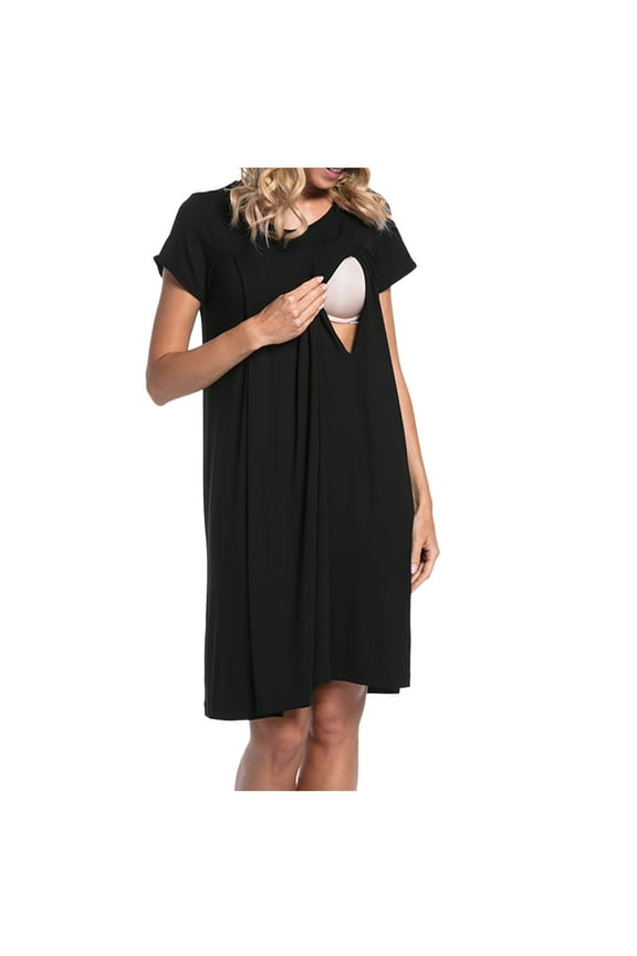 Maternity Dress Short Sleeve Crew Neck Knee Length Nursing Dress Casual Solid Color Maternity Dress for Baby Shower