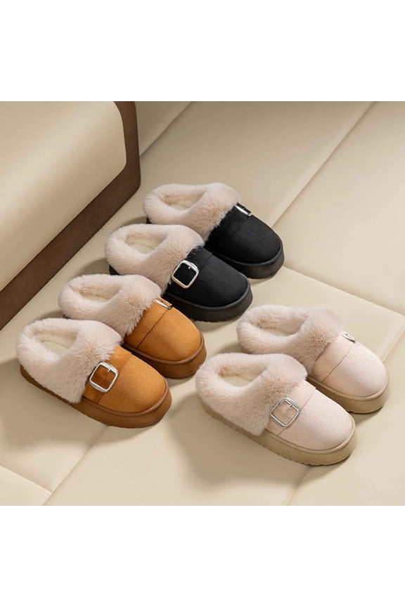 Memory Foam House Shoes for Women, Suede Fuzzy Winter Warm Slippers with Adjustable Buckle, Scuff Slippers with Fluffy Collar Outdoor Indoor, Christmas Gifts