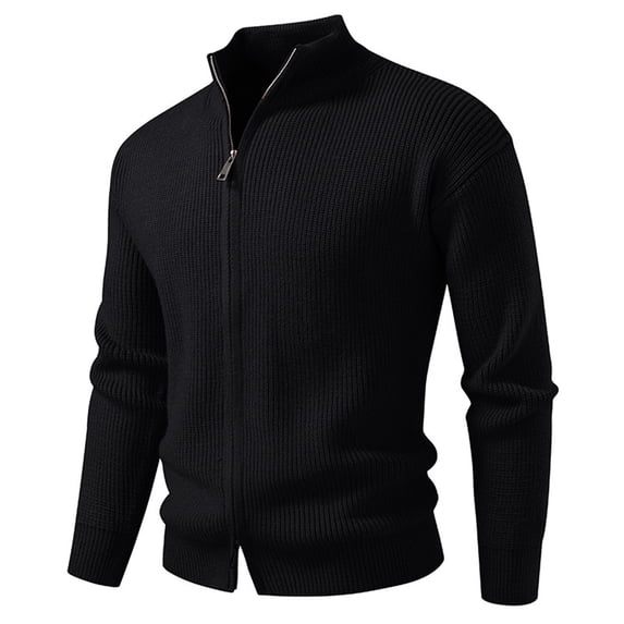 Kilaqueen Men Double Zipper Solid Color Knit Sweater Jackets Slim Fit Stand Collar Casual Winter Ribbed Knit Long Sleeve Cardigan