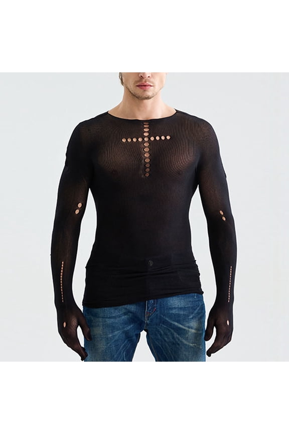 Men Sexy Shirt See Through Stretchy Nylon Fishnet Tops Clubwear Mesh Muscle Shirts Undershirt Round Neck Pullover Top Tees