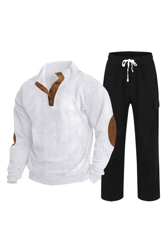 Men's Corduroy Track Suit 2-Piece Set Elbow Patch Half-Button Long-Sleeve and Drawstring Straight Pants Fashion Jogging Outfits