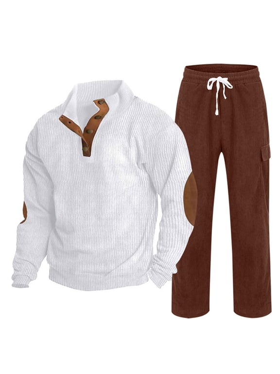 Men's Corduroy Track Suit 2-Piece Set Elbow Patch Half-Button Long-Sleeve and Drawstring Straight Pants Fashion Jogging Outfits