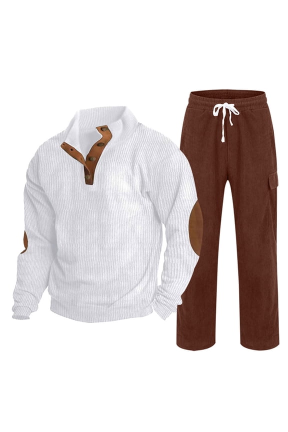 Men's Corduroy Track Suit 2-Piece Set Elbow Patch Half-Button Long-Sleeve and Drawstring Straight Pants Fashion Jogging Outfits