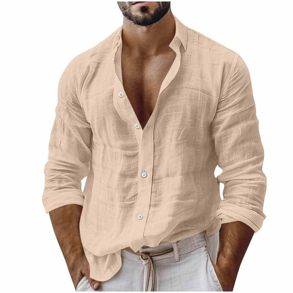 Kilaqueen Men's Cotton Linen Button Down Shirt, Long Sleeve Casual Top for Beach Vacation Travel and Everyday Summer Outfits