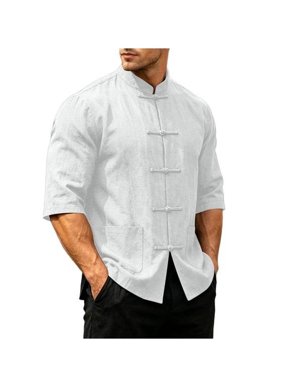 Men's Cotton Mandarin Collar Shirt, Half Sleeve Traditional Frog Button Top with Two Patch Pockets for Casual Summer Wear