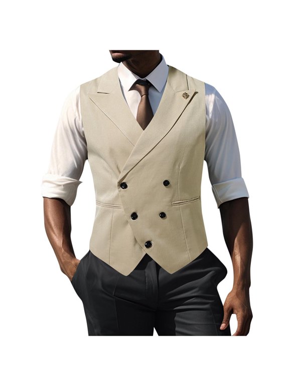 Men's Fashion Double-Breasted Dress Vest British Style Lapel Solid Color V Neck Waistcoat