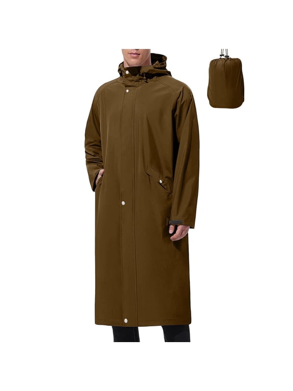 Men's Hooded Long Raincoats Adult Packable Waterproof Work Wear Trench Coat Rain Jacket Poncho for Outdoor Hiking Camping