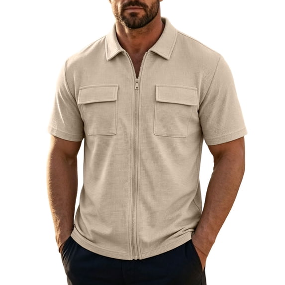 Kilaqueen Men's Short Sleeve Zip Jacket, Collared Lightweight Casual Shirt with Chest Pocket, Solid Sport Outerwear Top for Golf, Travel and Daily Wear