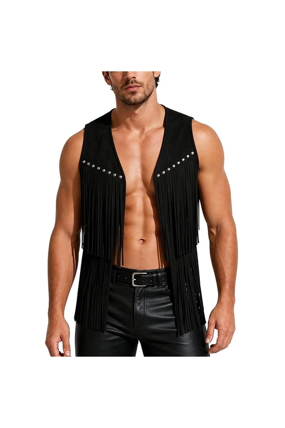 Men's Western Fringe Vest, Faux Suede V Neck Sleeveless Cowboy Waistcoat with Tassel Trim, Vintage Costume Layer for Festivals and Rodeo Outfits