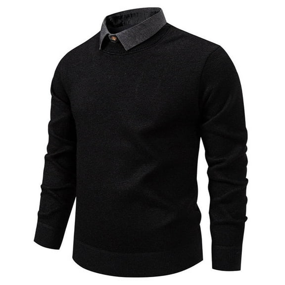 Kilaqueen Men's Winter Knitted Sweater Fake Two Piece Lapel Collar Shirt Base Textured Casual Long Sleeve Fashion Thermal Pullover Tops