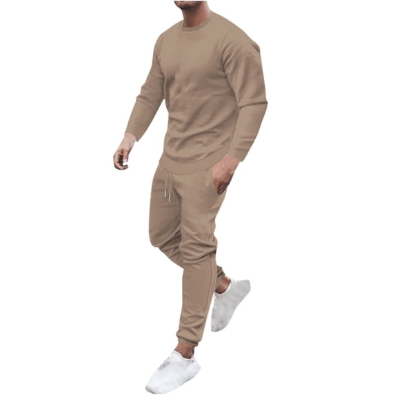 Kilaqueen Mens 2 Piece Tracksuit Solid Color Long Sleeve Crew Neck Pullover Tops and Pants Set Athletic running Casual Sportswear