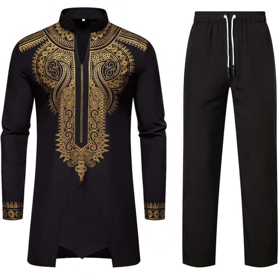 Kilaqueen Mens African 2 Piece Sets Long Sleeve Gold Print Traditional Dashiki Tops and Solid Color Elastic Waist Drawstring Pants