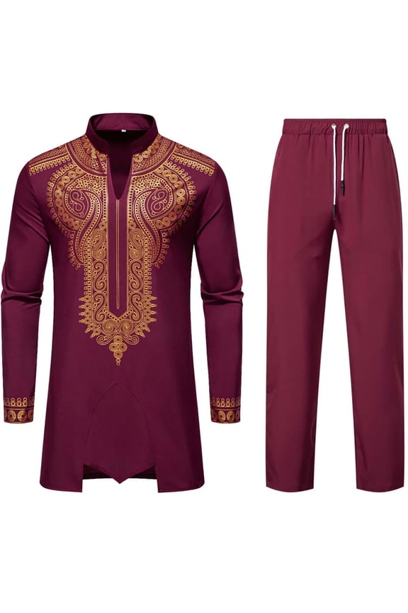 Mens African 2 Piece Sets Long Sleeve Gold Print Traditional Dashiki Tops and Solid Color Elastic Waist Drawstring Pants