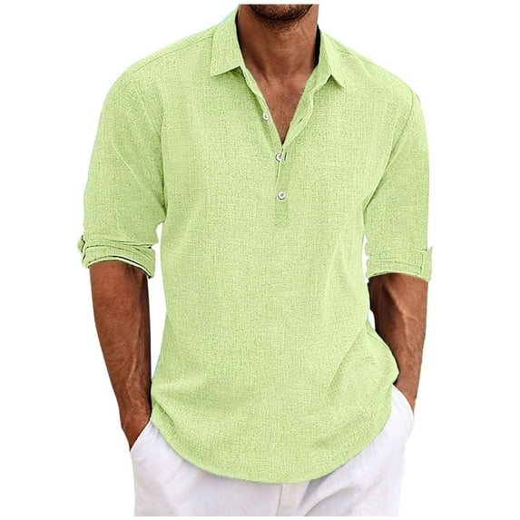 Kilaqueen Mens Cotton Linen Shirts Long Sleeve 1/4 Button Lapel Tunic Tops Solid Color Trendy Casual Beach Business Work Shirt