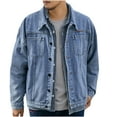 thumbnail image 1 of Kilaqueen Mens Denim Jacket Oversized Collared Long Sleeve Button Down Multi-pocket Coat Trucker Mid-Weight Spring Fall Outfits, 1 of 9