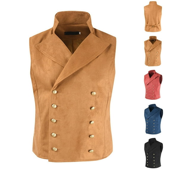 Kilaqueen Mens Faux Suede Vest Vintage Lapel Neck Western Cowboy Waistcoat Double Breasted Sleeveless Jacket with Pockets Slim Fitness Climbing Outdoor