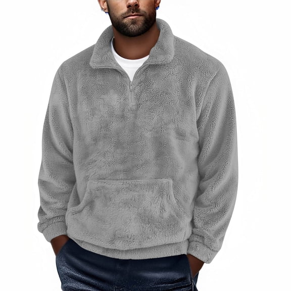 Kilaqueen Mens Fuzzy Sherpa Sweatshirt Quarter Zip Long Sleeve Fleece Pullover Winter Fall Warm Outerwear with Kangaroo Pocket