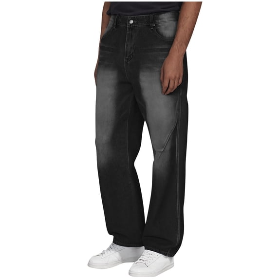 Kilaqueen Mens Jeans Stretch Wide Leg Streight Leg Retro Denim Pants with Pockets Casual Comfy Fashion Loose Fit Pants