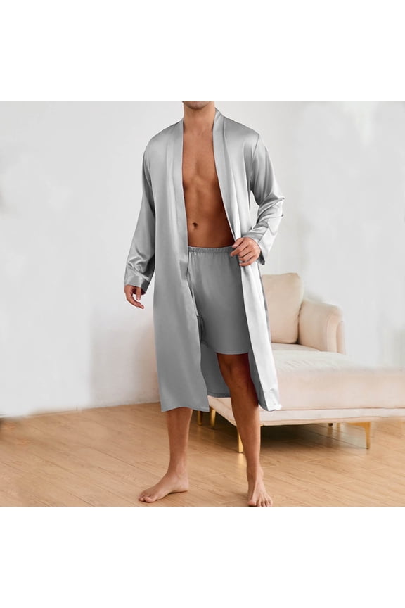 Mens Kimono Robe Set 2 Pcs Lightweight Silk Satin Long Sleeve Bathrobe with Shorts Sleepwear Pjs Sets