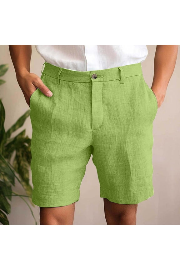 Mens Linen Shorts Casual Summer Lightweight Cotton Linen Dress Shorts with Pockets, Solid Color Relaxed Fit Breathable Beach Shorts