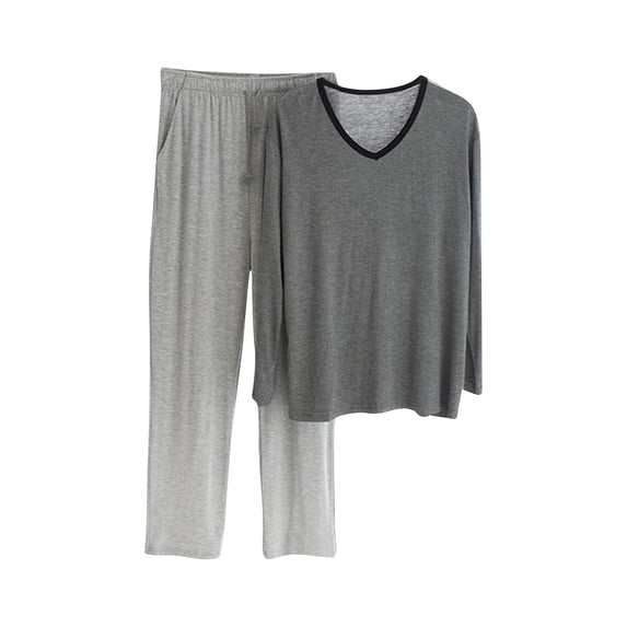 Kilaqueen Mens Pajama Set Long Sleeve V Neck Lightweight Solid Color Loungewear Comfy Elastic Drawstring Waist Loungepants with Pockets