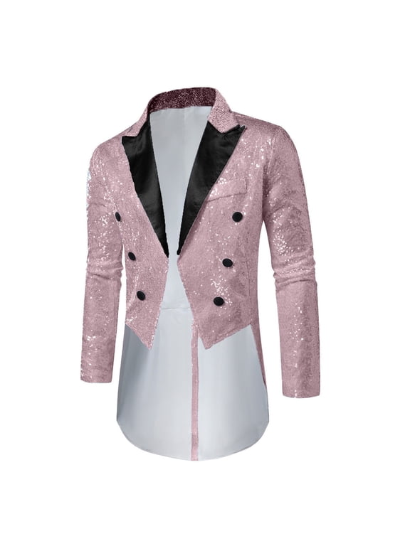 Mens Sequin Long Sleeve V Neck Notch Lapel Swallowtail Trendy Dinner Party Wedding Nightclubs Performances Suit Jacket