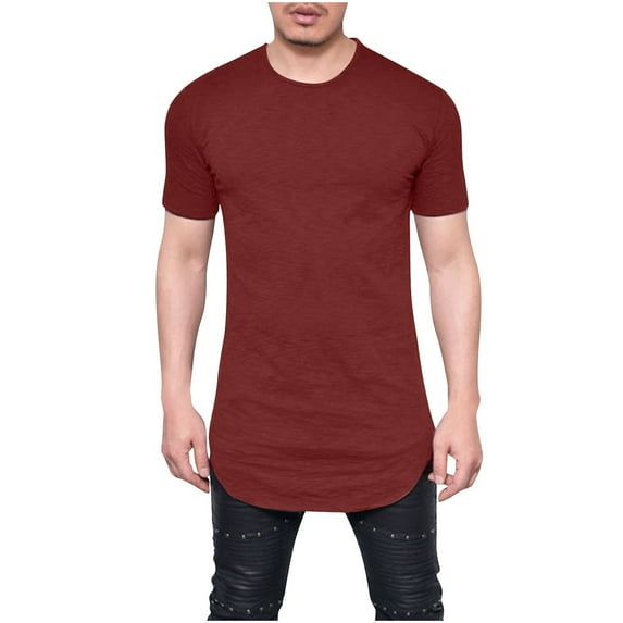 Kilaqueen Mens Shirts Crew Neck Short Sleeve Loose Hem Pullover Tops Solid Color Casual Gym Muscle Basic Tops