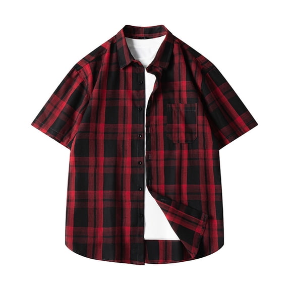 Kilaqueen Mens Shirts Vintage Plaid Short Sleeve Button Down Lapel Plus Size Shirts Casual Relaxed Fit Comfy Summer Shirts
