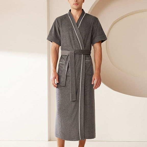 Kilaqueen Mens Short Sleeve Long Robe Terry Cloth Belted Bathrobe Sleepwear Summer Lightweight Spa Hotel Dressing Gown Loungewear with Pockets