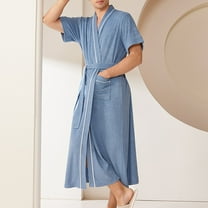 Kilaqueen Mens Short Sleeve Long Robe Terry Cloth Belted Bathrobe Sleepwear Summer Lightweight Spa Hotel Dressing Gown Loungewear with Pockets