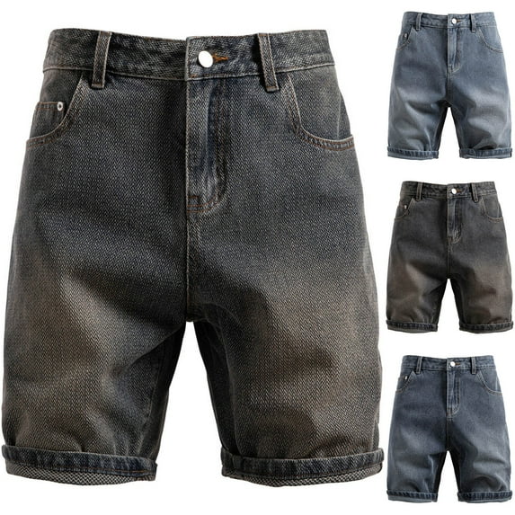 Kilaqueen Mens Summer Retro Casual Denim Shorts Fashion Mid Thigh Fold Hem Cutoff Jean Shorts Relaxed Fit Stretch Straight Leg Jean Short