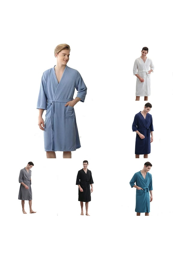 Mens Summer Robes Lightweight Knee Length Waffle Kimono Robe Soft Absorbent Spa Bathrobes for Pool/Shower/Loungewear