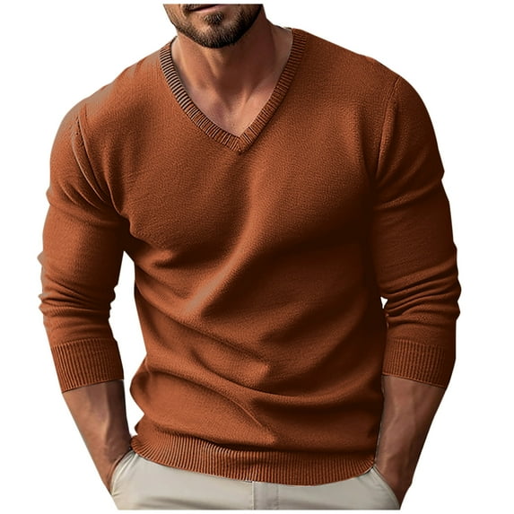 Kilaqueen Mens Sweater V Neck Long Sleeve Knit Pullover Tops Casual Solid Color Thickened Classic Fit Warm Basic Top