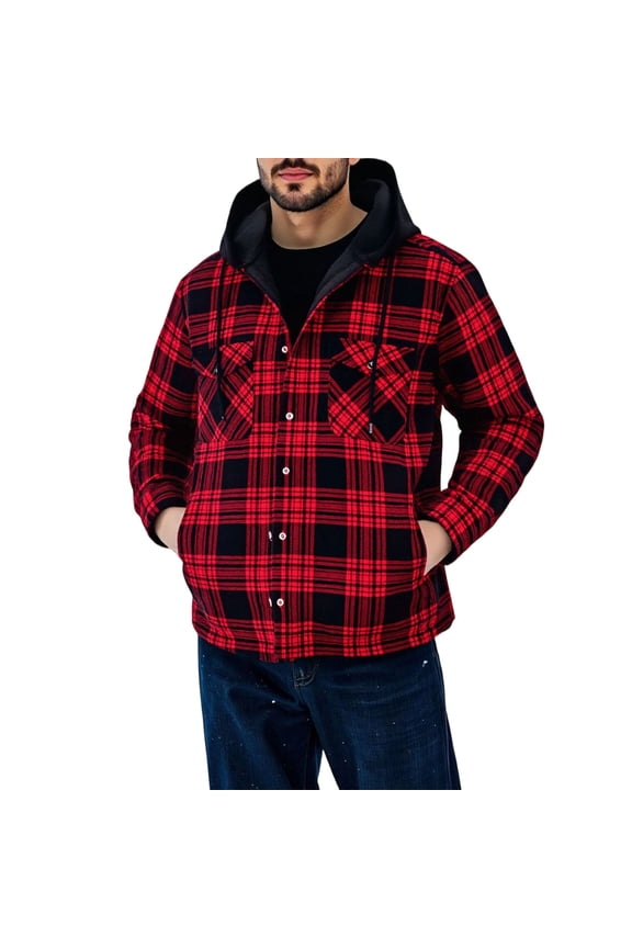 Mens Winter Jacket Plaid Fleece Lined Button Down Drawstring Hoodie Long Sleeve Coat Trendy Fall Winter Warm Casual Outerwear