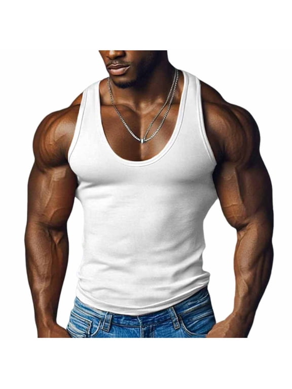 Mens tank top Solid Color Deep U Neck Sleeveless Stringer Tank Casual Gym Athletic Gym Sport Running Bodybuilding Tops