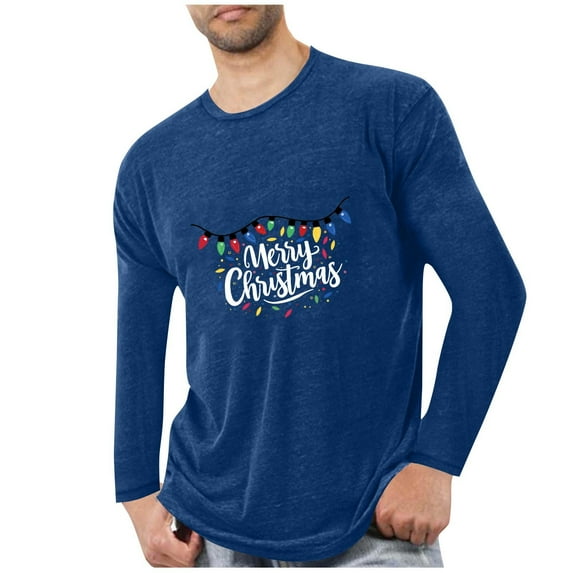 Kilaqueen Merry Christmas Print Mens Shirts Long Sleeve Crewneck Pullover Tops Casual Soft Comfort T-Shirt