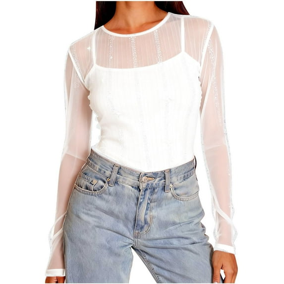 Kilaqueen Mesh Top for Women Sparkly Silver Sheer Crew Neck Long Sleeve Tee Shirts Solid Color Elegant Sexy Cocktail Party Tops